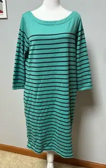 L.L. Bean navy turquoise striped knit women’s dress size M BIN T‎