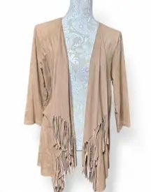 Western Coastal Cowgirl Tan Fringe Suede Feel Cardigan Boho Layering Chic