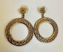 Gold tone round filagree drop post earrings