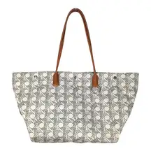 Tory Burch Canvas Basketweave Tote New Ivory Cotton Leather Handles Medium Size