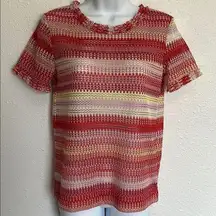 Zara Womens Top Red Yellow Striped Short Sleeve Open Knit Ruffle Trim Size Small