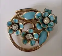 Vintage Robin Egg Baby Blue Circular Floral Brooch Enamel Petals Rhinestone Pin