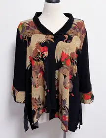 Moonlight Y S Black Asian Inspired Cranes Toggle 3/4 Sleeve Crinkled Jacket XL