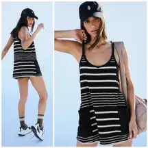 Free People NEW!  MOVEMENT Hot Shot Mini Dress SPRING STRIPE Black Tan/Ivory L