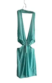 NEW Cut Out Crochet Beach COVER UP DRESS Teal Green Bodycon LG Plunge Halter