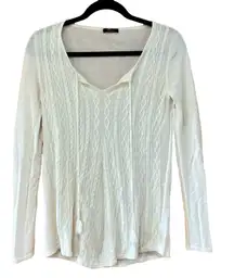 Cupio Womens V Neck Cable Knit Pullover Tunic Sweater White
