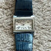 Anne Klein women’s vintage blue/silver‎ genuine leather crystal bracelet watch