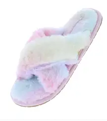 New Boutique Fur Slippers Criss Cross Fluffy Flat Slide Sandal