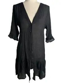 Cupshe Button Up Sheer Swim Cover Up Dress M Black Short Sleeve Ruffle V Neck