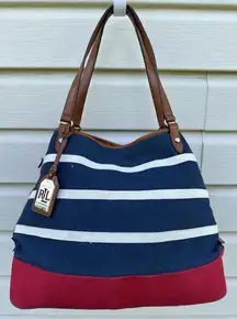 Lauren Ralph Lauren Navy Blue Striped Canvas Tote Bag, Red Base, Leather Trim