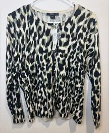 August Silk Leopard Print Cardigan Black‎ Womens Button Down Sweater