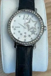 Guess Ladies Watch Crystals Black Genuine Leather Strap Stainless Case