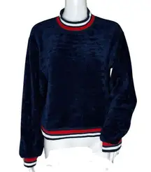 JOA Shirt Womens Medium Blue Red Varsity Stripe Chenille Velour Preppy Academia