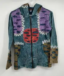 Rising International Hoodie M Boho Zip Up Jacket Patchwork Nepal Sun Abstract