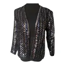 Vintage 1980s Black Sequined Knitted Cardigan Jacket Size M Black Multicolor