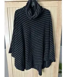 Soft Surroundings Poncho Women One Size Gray Black Stripe Cowl Neck Sweater Cozy