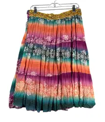 Geri C Skirt Rainbow Sequins Colorful Floral Midi Bohemian Peasant‎ Gypsy XL