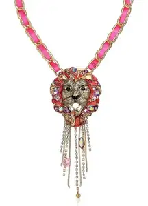 Bold Lion Head Statement Necklace with Crystal Tassel and Pink ChainEarrings Set