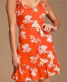Lulu's Dress L Orange Floral Ruffles Tie Waist Small