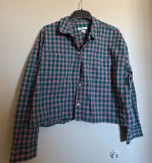 Madewell oversized signature poplin plaid button up cropped shirt l pink green