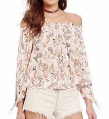 Free People Lexington Off Shoulder Floral‎ Boho Blouse Small Tie Cuff Ivory