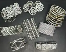 Silver and Gold Tone Statement Rhinestone Sparkle Party Evening Bracelet Lot Set