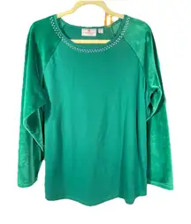 Quacker Factory Shirt Large Green Velour Sleeve Baseball Top QVC  Comfy Stretchy