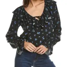 New WeWoreWhat Ruffle Blouse Watercolor Black Multi Ditsy Blue Flower XS