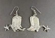 Western Cowboy Boots Earrings Silver Tone Pierced Dangle Drop Spur Rodeo