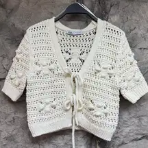 Zara off white cream ivory crochet short sleeve tie front knit sweater cardigan