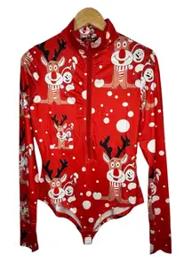 ChicMe Christmas Reindeer Snowman Print Zipper‎ Long Sleeve Bodysuit Women Large