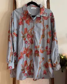Maliparmi Blue & White Vertical Striped Floral Embroidered Button Down Shirt