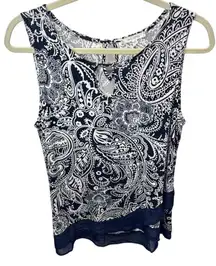 Ava James Paisley Tank Top Keyhole Sleeveless‎ Blouse Navy White Size M