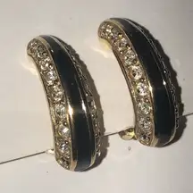 Swarovski Vintage Gold Tone Black Enamel CZ Crystal Retro Boho Clip On Earrings