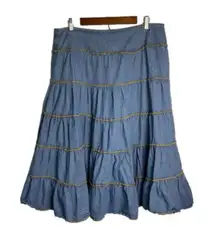 Panhandle Slim Ruffle Tiered Denim Midi Skirt Size Women's Vintage Western 14