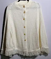 Vintage Crochet Ivory Cream Poncho Cape Cottagecore Buttons Arm Holes Sweater OS
