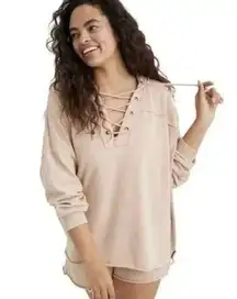Aerie Beige Lace Up Cotton Dolman Sleeves Oversized Loungewear Boho Hoodie M