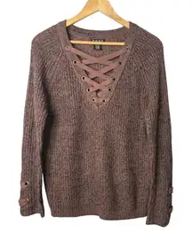 POOF New York Brown Knit Sweater Lace Up Long Sleeve Pullover Women‎ Size Small