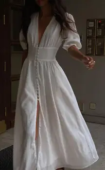 Commense Coastal Frenchy Cottage Flowy Button Split Long Dress White Maxi Small