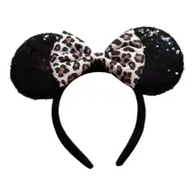 Mouse EARS HEADBAND Black Sequin & Cheetah Animal Print Bow Adult 11" Accessory