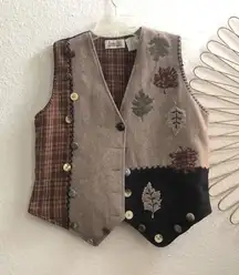 Vintage 90s Plaid Wool Patchwork Buttons Fall Leaves Cottagecore Folklore Granola Jacket Vest Earthy Brown Embroidery #Bohemian  Sz S- Measurement in pics