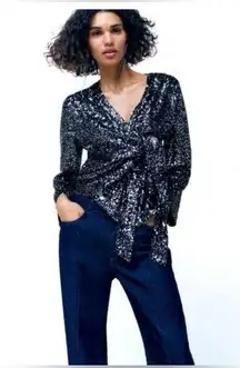 Zara Black and Silver Sequin Wrap Top