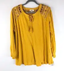 Style & Co Womens Blouse Top Crochet Long Sleeve Tassel Yellow Slub Knit 0X