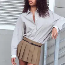 NWT Zara Box Pleated Belted Houndstooth Checked Skirt Skort in Brown - XS