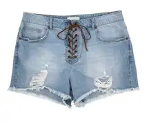 Y2K Forever 21 Lace-up Jean Shorts Women's Size 12 Light Blue Distressed Denim