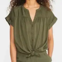 LOU &‎ GREY LOFT Lyocell Olive Green Fluid Twill Tie Front Top NO SIZE TAG READ