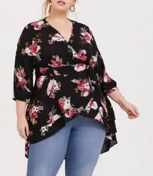 Torrid Black Pink Floral‎ Hi Lo 3/4 Sleeves Georgette Tunic Wrap Blouse 1X