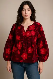 Sonoma Floral Corduroy Peasant Top Women’s PXL Burgundy Red Boho Coquette Hippie