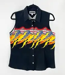 Panhandle Slim Black button up patriotic Star Flames sleeveless top size M