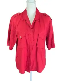 Lauren Ralph Lauren 100% Linen Vintage Red Button Up Monogram Camp Shirt Size L